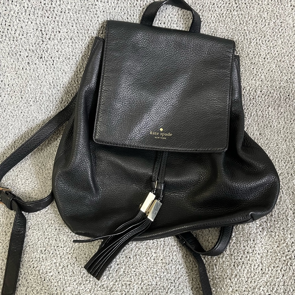 Kate Spade Black Leather Backpack with Flap opening and Tassels